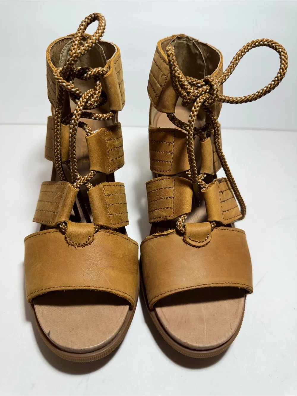 Sorel Tan Leather Joanie Il Lace Up Ankle Wedge Heel Strappy Sandals Size 9